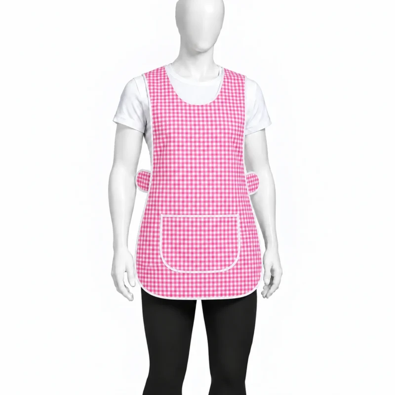 Pink Check Tabard - Pink Check Tabard – Soft Pink Gingham Tabard Apron with Pocket (view 3)