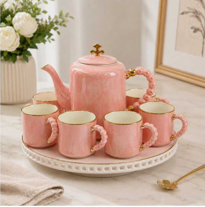 Pink Ceramic Tea Set - Luxury 8Pc Pink Ceramic Tea Set 1.25L Teapot 6 Cups Rotating Tray Gold Handle (view 3)