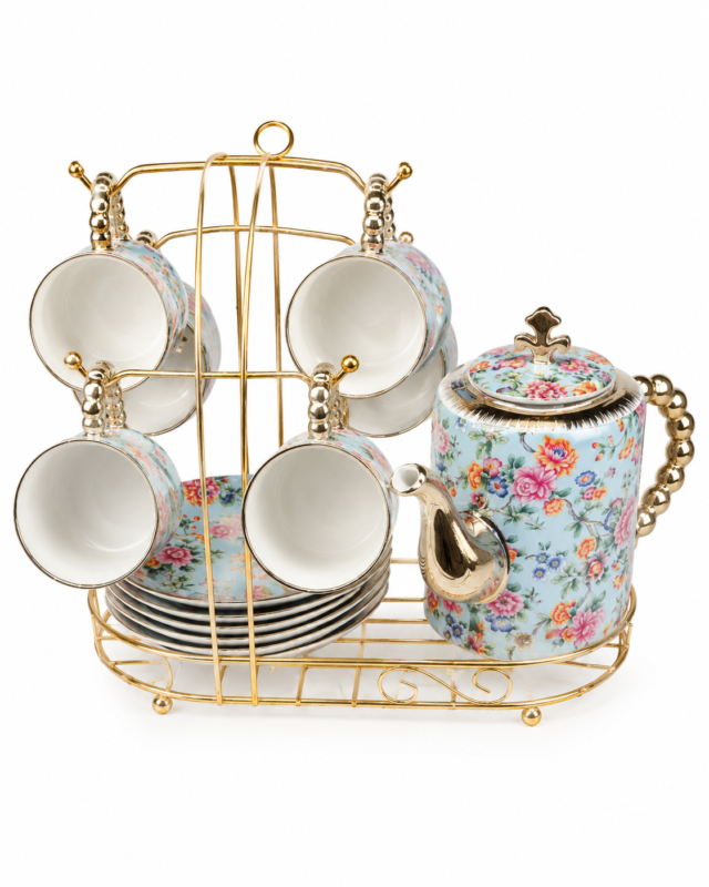 Luxury Floral Tea Set - Luxury Floral Tea Set with Gold Stand 1 Teapot 6 Cups 6 Saucers Tea Rack Display Set (view 3)