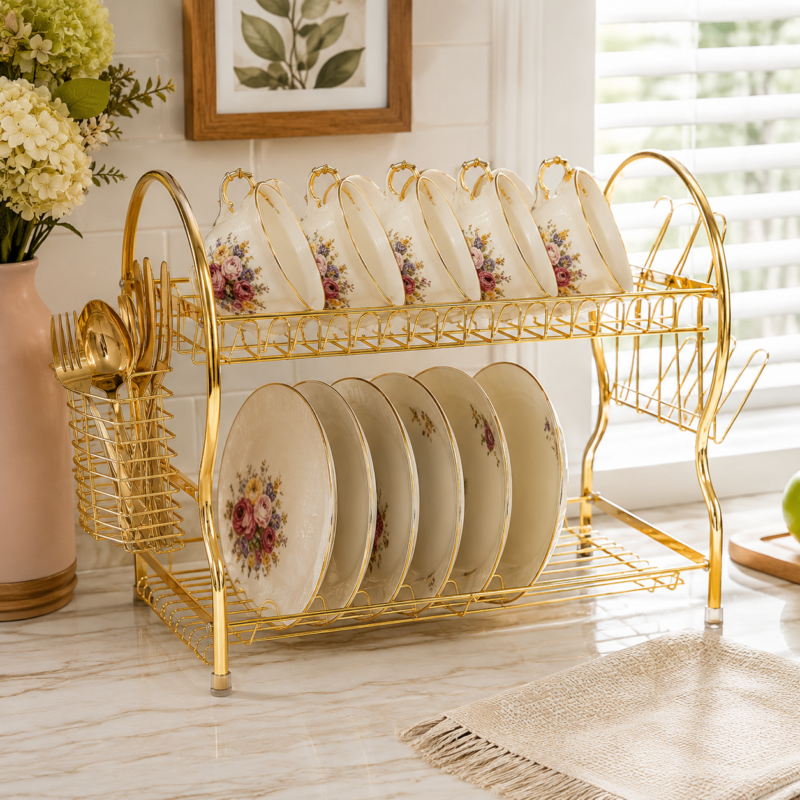 2 Tier Stainless Steel Rack - 2 Tier Stainless Steel Rack Gold Kitchen Counter Organizer | Premium 2 Shelf Storage Rack (view 4)