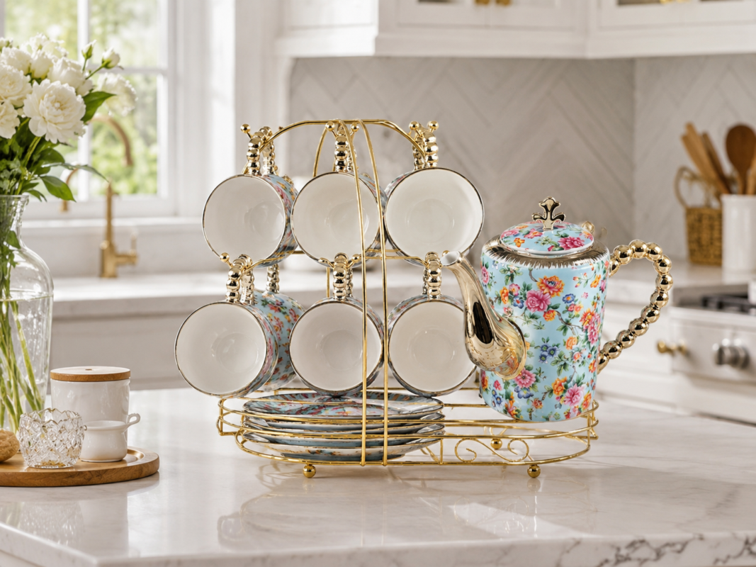 Luxury Floral Tea Set - Luxury Floral Tea Set with Gold Stand 1 Teapot 6 Cups 6 Saucers Tea Rack Display Set (view 4)