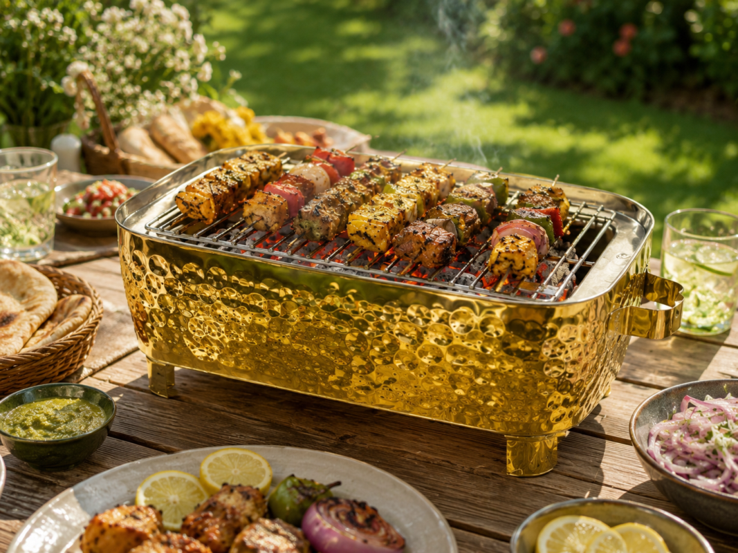 Tabletop BBQ Angithi - Golden Hammered Metal Tabletop BBQ Angithi, 12 Inch Portable Charcoal Grill for Kebabs (view 4)
