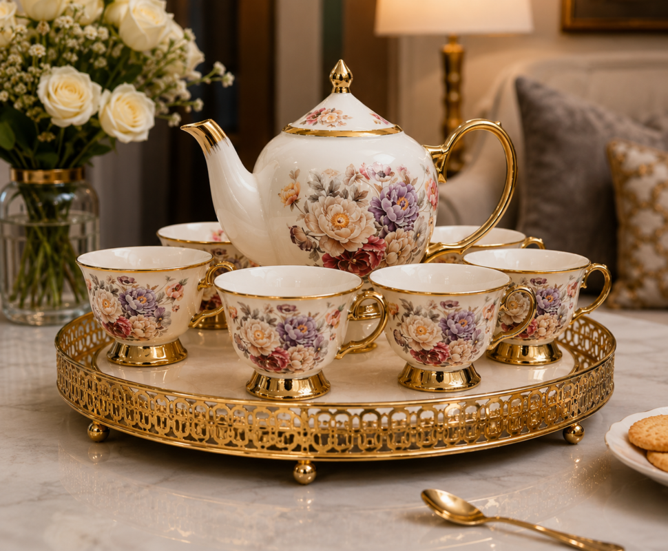 Luxury Floral Tea Set - Luxury Floral Tea Set 6 Cups with Teapot & Rotating Tray Gold Tea Serving Set (view 4)