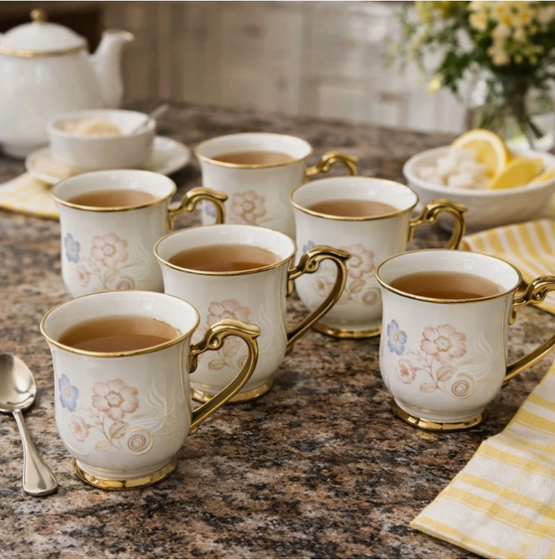 Floral Ceramic Tea Cup Set - Luxury Floral Ceramic Tea Cup Set of 6 Gold Handle Cups with Stand Luxury Porcelain Coffee Cups Set (view 3)