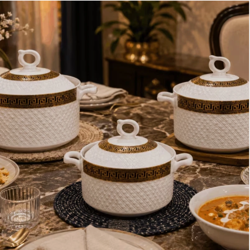 3 Piece Ceramic Serving Bowl Set - Luxury 3 Piece Ceramic Serving Bowl Set with Lids White Gold Casserole Dishes with Handles (view 3)