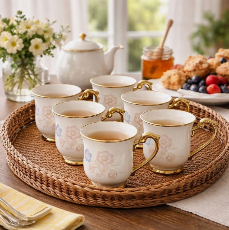 Floral Ceramic Tea Cup Set - Luxury Floral Ceramic Tea Cup Set of 6 Gold Handle Cups with Stand Luxury Porcelain Coffee Cups Set (view 4)
