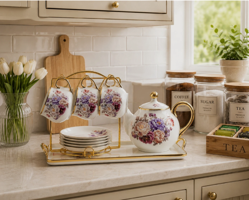 15Pc Floral Porcelain Tea Set - Luxury 15Pc Floral Porcelain Tea Set Teapot Cups Saucers Gold Stand Serving Tray (view 4)