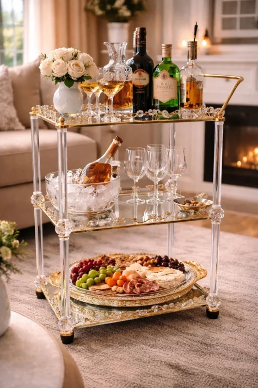 gold bar cart trolley - Luxury Gold Bar Cart Trolley 3 Tier Mirrored Drinks Cart (view 3)