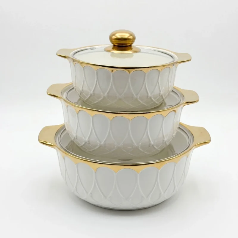 Ceramic Serving Bowl Set - Luxury 3PCS White Ceramic Serving Bowl Set with Glass Lids Gold Rim Casserole Dishes (view 4)