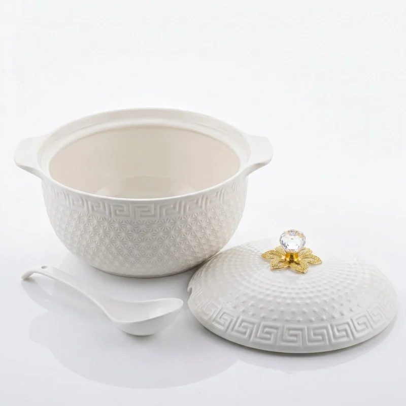 White Ceramic Serving Bowl - Luxury White Ceramic Serving Bowl with Lid & Spoon 28cm Embossed Floral Design Soup Tureen Dish (view 3)