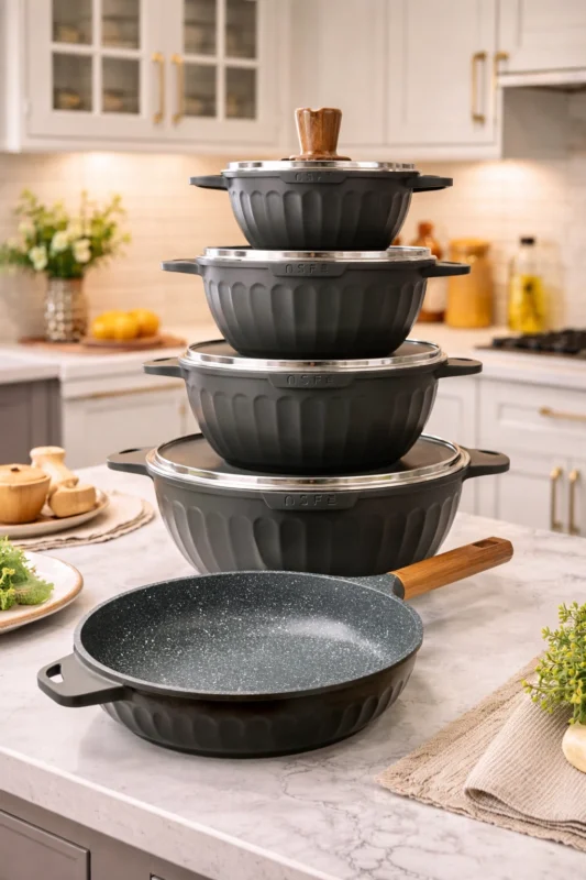 Luxury Granite Cookware Set - Luxury Granite Cookware Set 10 Piece Non Stick Pots & Pans with Lids Induction Safe Grey Kitchen Set (view 3)
