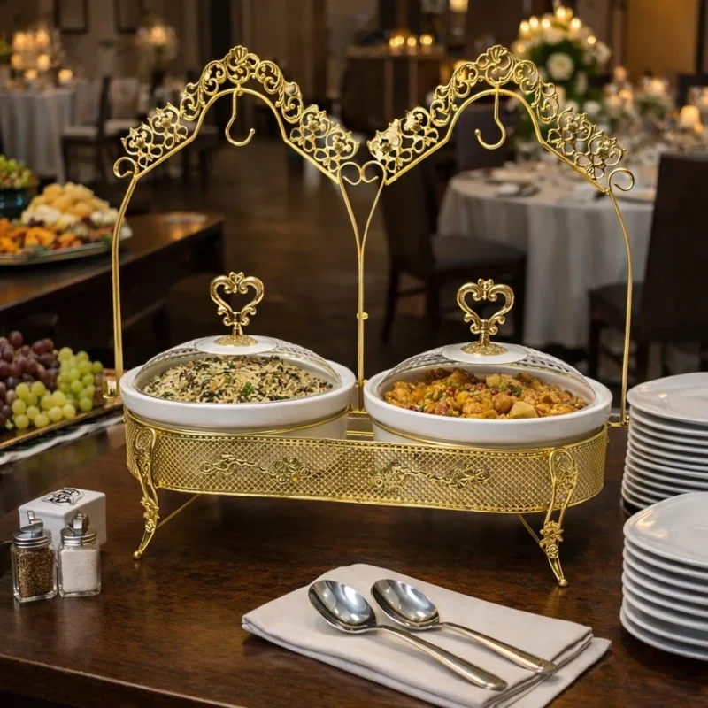Double Chafing Dish Set Gold - Luxury Double Chafing Dish Set Gold Frame – Ceramic Buffet Food Warmer Server 26" Catering Display (view 4)