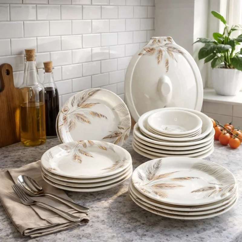27PCS Melamine Dinnerware Set - Luxury 27PCS Melamine Dinnerware Set Feather Pattern Plates Bowls Serving Dishes Set (view 3)