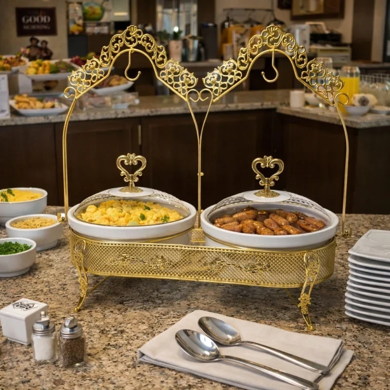 Double Chafing Dish Set Gold - Luxury Double Chafing Dish Set Gold Frame – Ceramic Buffet Food Warmer Server 26" Catering Display (view 3)
