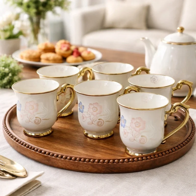 floral tea cup set - Elegant Floral Tea Cup Set of 6 with Gold Handle Stand (view 3)