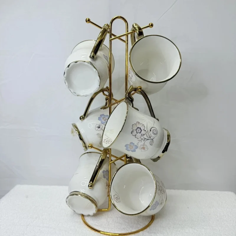 floral tea cup set - Elegant Floral Tea Cup Set of 6 with Gold Handle Stand (view 4)