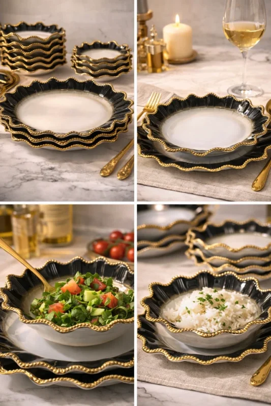 black gold dinnerware set - Luxury Black Gold Dinnerware Set with Elegant Gold Rim (view 3)