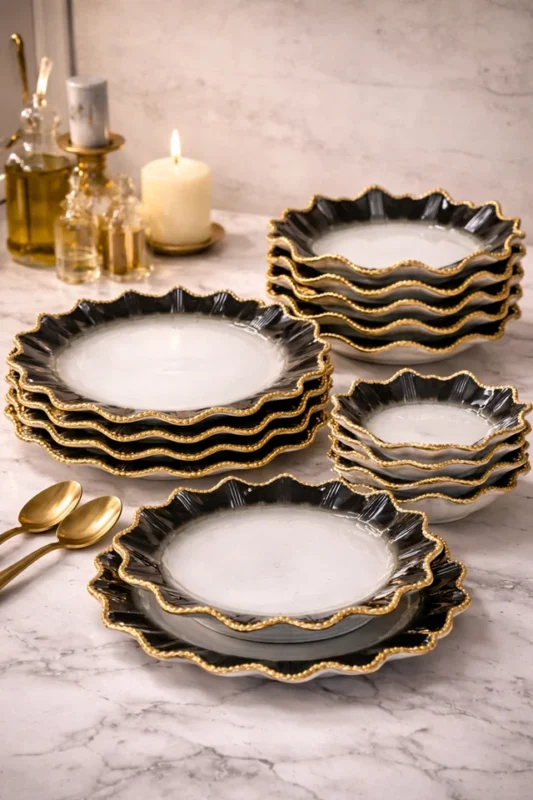 black gold dinnerware set - Luxury Black Gold Dinnerware Set with Elegant Gold Rim (view 4)