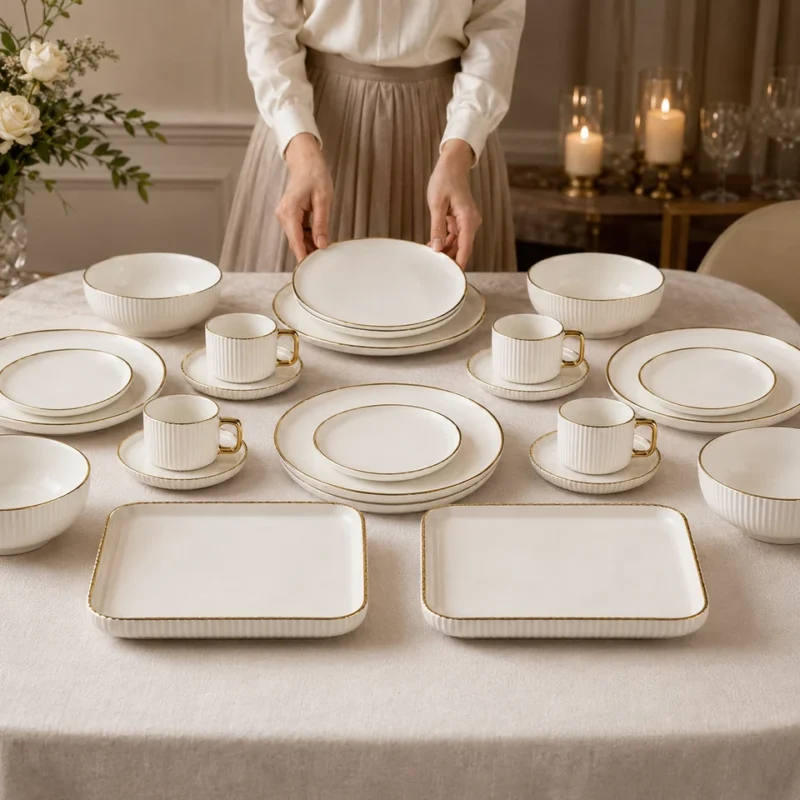 32 piece dinnerware set - Luxury 32 Piece Dinnerware Set Gold Rim Porcelain Plates (view 4)