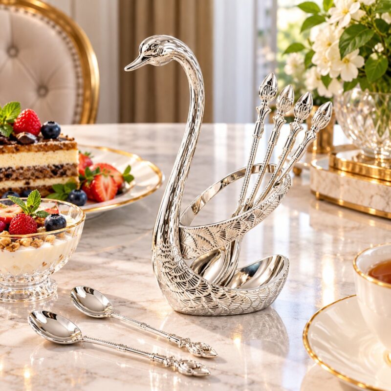 Silver Coffee Spoon Set 6 Pcs - Silver Coffee Spoon Set 6 Pcs with Swan Holder