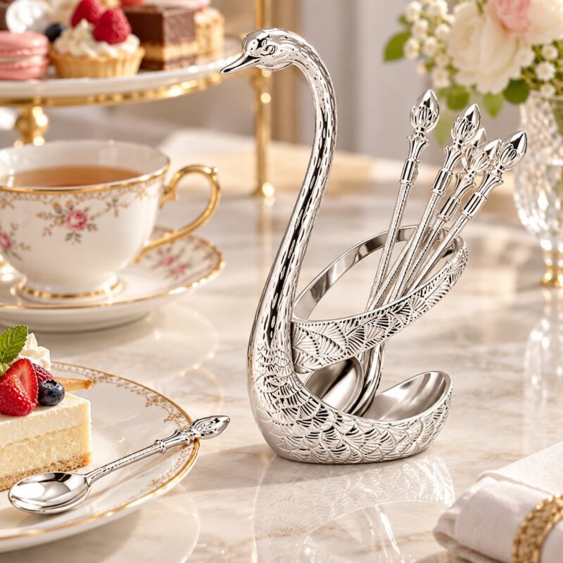 Silver Coffee Spoon Set 6 Pcs - Silver Coffee Spoon Set 6 Pcs with Swan Holder (view 2)