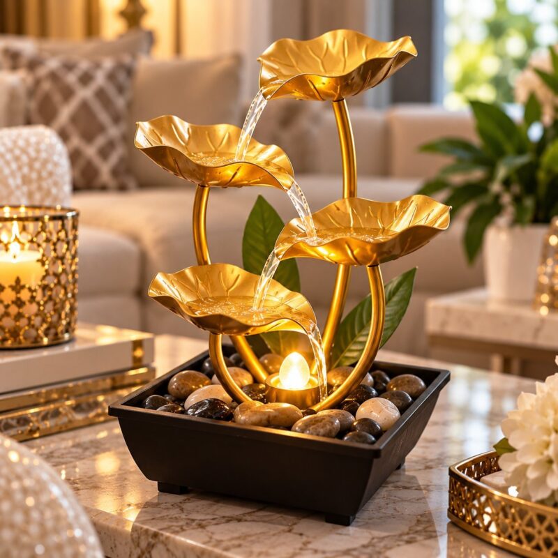 Gold Water Fountain - Gold Water Fountain – 4-Tier Flower Tabletop Fountain with USB Pump (view 3)
