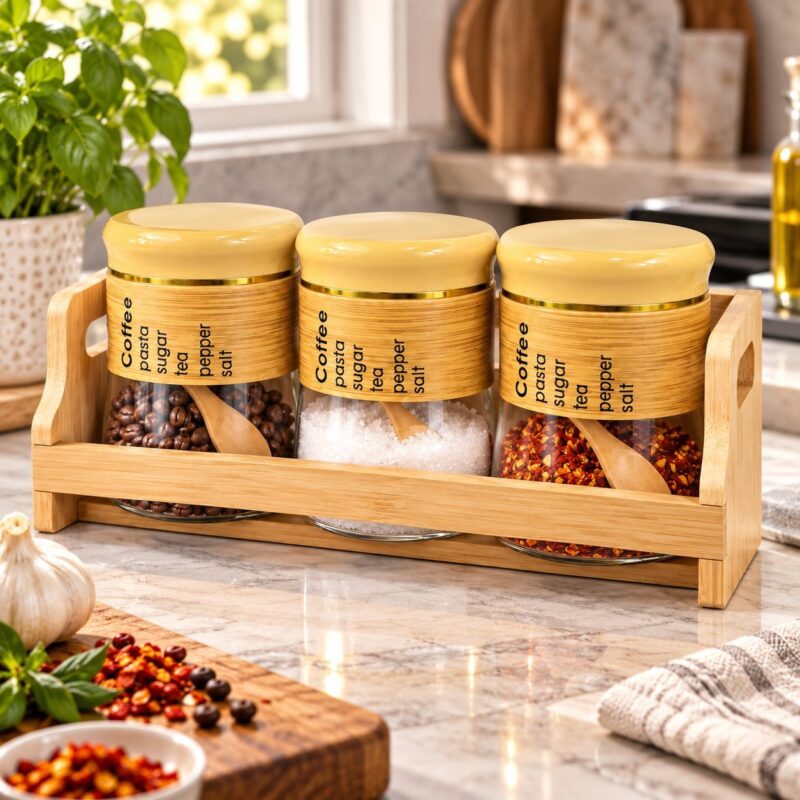 Set of 3 Spice Jars with Wooden Rack - Set of 3 Spice Jars with Wooden Rack & Spoons | Airtight Kitchen Storage Containers