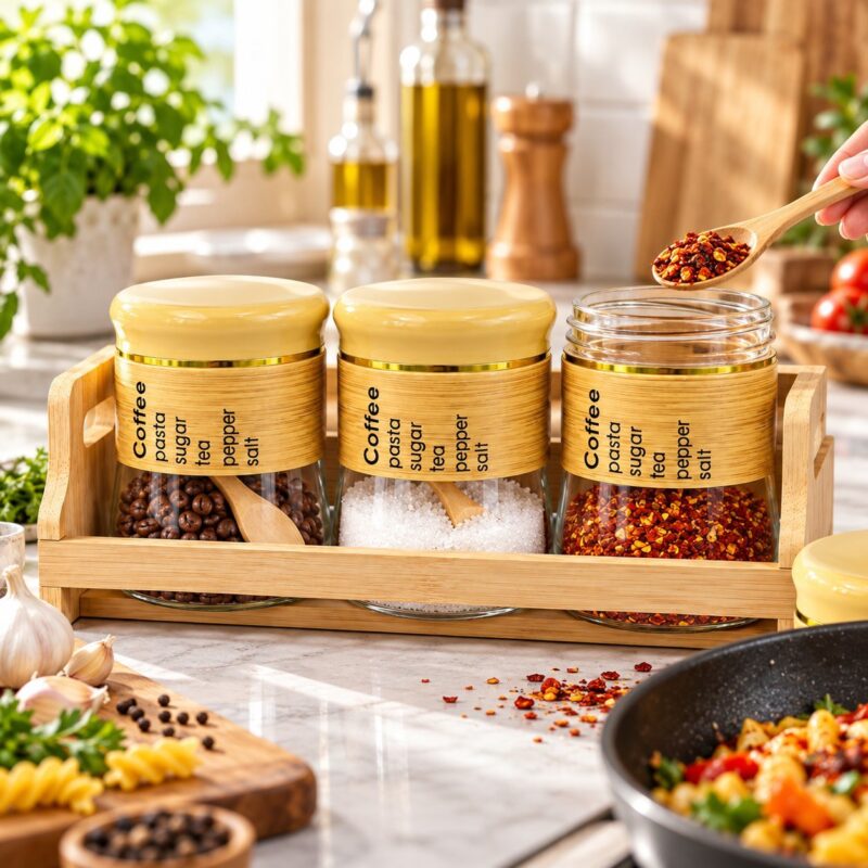 Set of 3 Spice Jars with Wooden Rack - Set of 3 Spice Jars with Wooden Rack & Spoons | Airtight Kitchen Storage Containers (view 3)