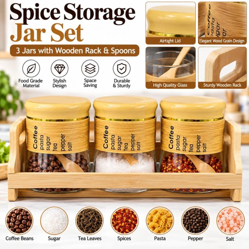 Set of 3 Spice Jars with Wooden Rack - Set of 3 Spice Jars with Wooden Rack & Spoons | Airtight Kitchen Storage Containers (view 4)