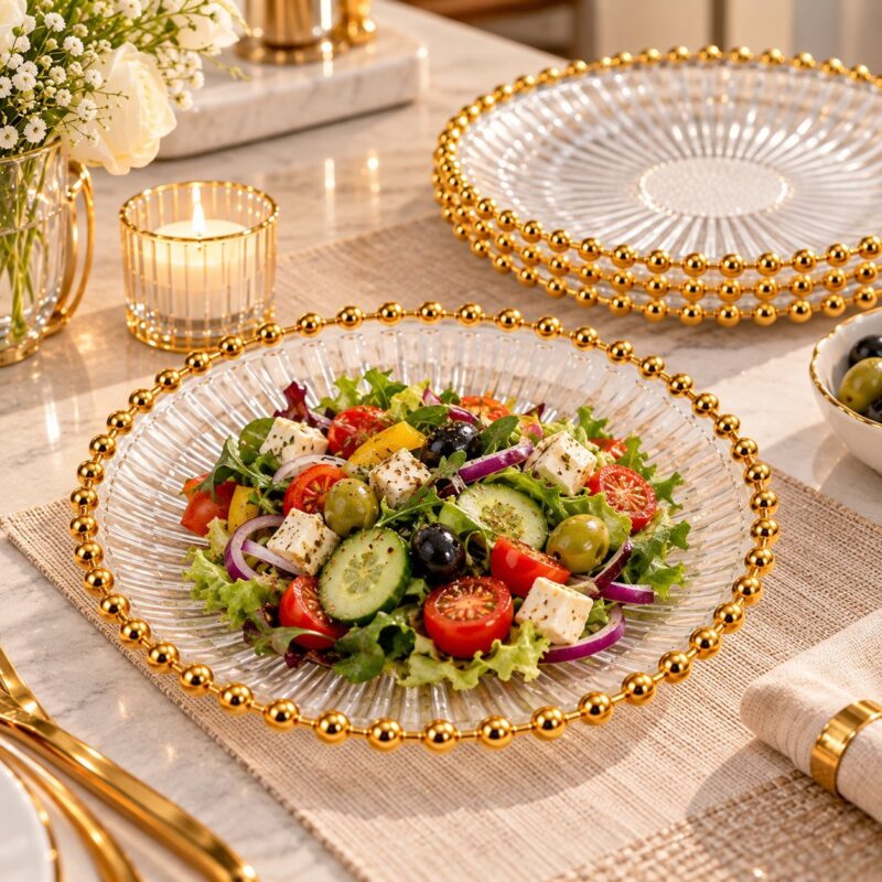 Gold Beaded Clear Acrylic Plates - Gold Beaded Clear Acrylic Plates Set of 6 | 30cm Serving Plates (view 3)