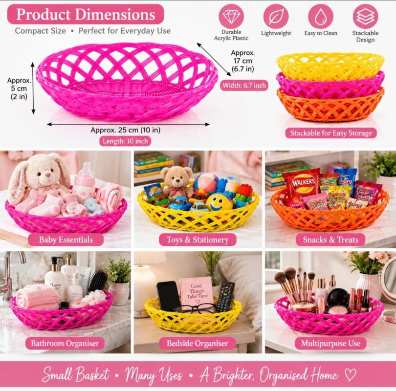 Plastic Woven Storage Baskets - Plastic Woven Storage Baskets Set of 6 | 25cm Lightweight Decorative Organiser Trays for Kitchen Bathroom Bedroom Toys & Home (view 2)