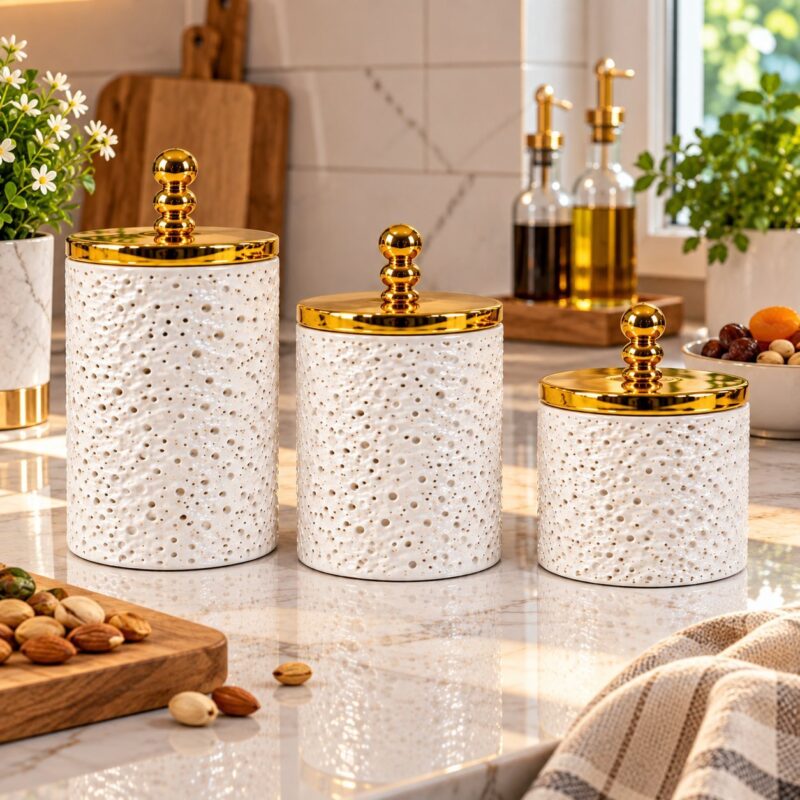 Acrylic Storage Jars - Set of 3 Acrylic Storage Jars with Gold Lids – 900ml, 700ml & 500ml Decorative Kitchen Containers for Sugar, Coffee, Tea, Spices and Pantry Storage (view 2)