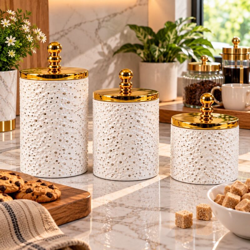 Acrylic Storage Jars - Set of 3 Acrylic Storage Jars with Gold Lids – 900ml, 700ml & 500ml Decorative Kitchen Containers for Sugar, Coffee, Tea, Spices and Pantry Storage (view 3)