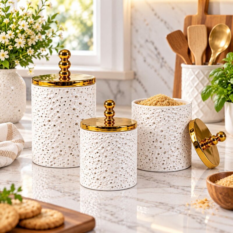 Acrylic Storage Jars - Set of 3 Acrylic Storage Jars with Gold Lids – 900ml, 700ml & 500ml Decorative Kitchen Containers for Sugar, Coffee, Tea, Spices and Pantry Storage (view 4)