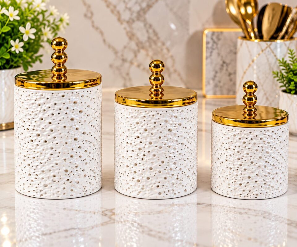 Acrylic Storage Jars - Set of 3 Acrylic Storage Jars with Gold Lids – 900ml, 700ml & 500ml Decorative Kitchen Containers for Sugar, Coffee, Tea, Spices and Pantry Storage