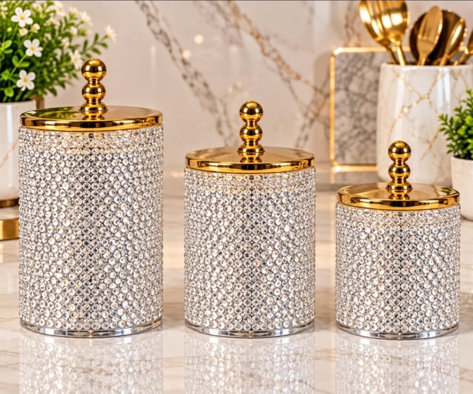 Acrylic Storage Jars - Set of 3 Acrylic Storage Jars 900ml 700ml 500ml – Luxury Crystal Beaded Kitchen Canisters with Gold Lids, Decorative Food Storage Containers (view 3)