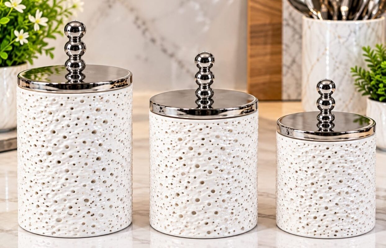 Acrylic Kitchen Storage Jars - Acrylic Kitchen Storage Jars Set of 3 – White Canisters with Silver Lids (view 2)