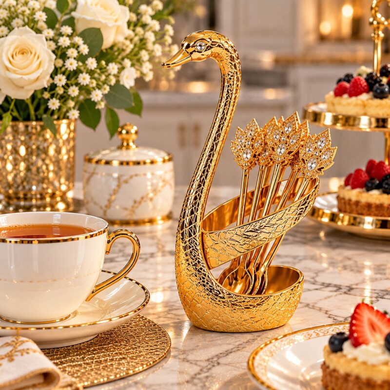gold coffee spoons - Gold Coffee Spoons Set of 6 with Swan Holder | Decorative Tea & Dessert Spoons