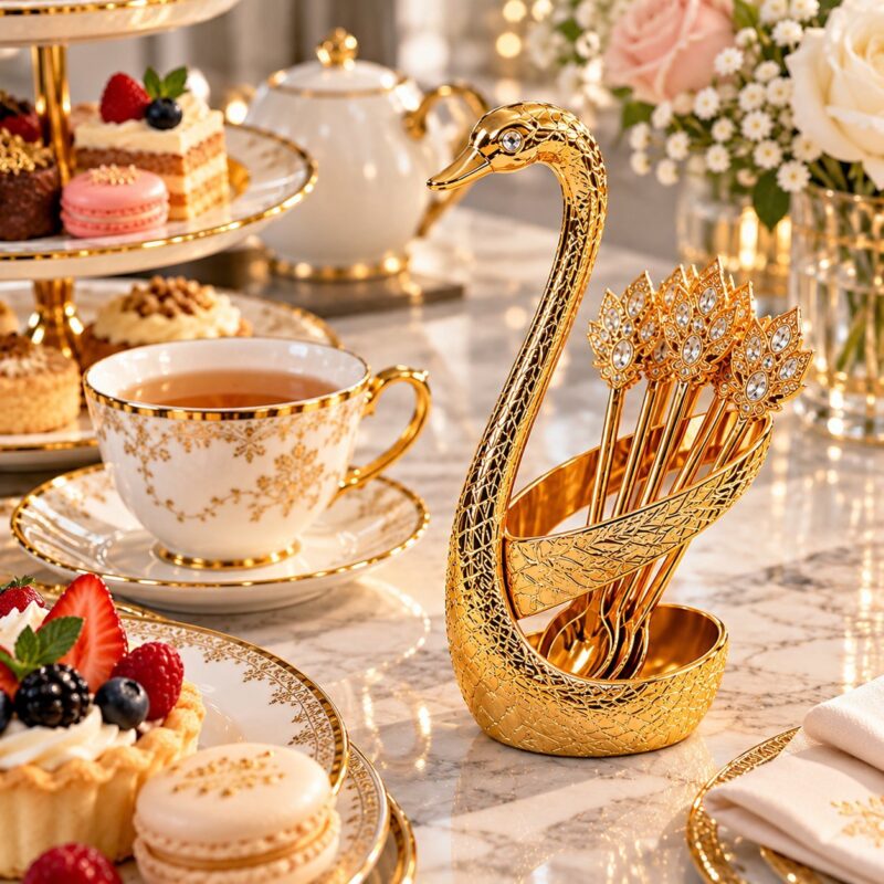 gold coffee spoons - Gold Coffee Spoons Set of 6 with Swan Holder | Decorative Tea & Dessert Spoons (view 3)