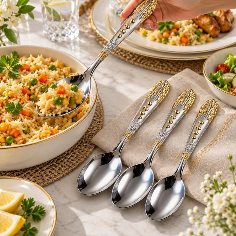 Decorative Table Spoons - Decorative Table Spoons Set of 6 | Gold & Silver Leaf Handle Stainless Steel (view 3)