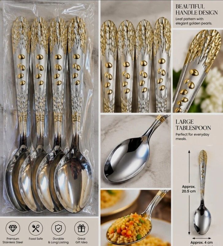 Decorative Table Spoons - Decorative Table Spoons Set of 6 | Gold & Silver Leaf Handle Stainless Steel (view 4)