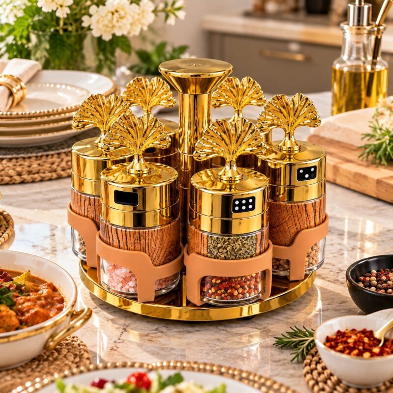rotating spice rack - Rotating Spice Rack | Set of 6 Gold Spice Jars with Carousel Stand (view 3)