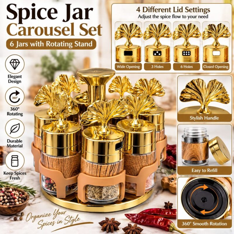 rotating spice rack - Rotating Spice Rack | Set of 6 Gold Spice Jars with Carousel Stand (view 4)