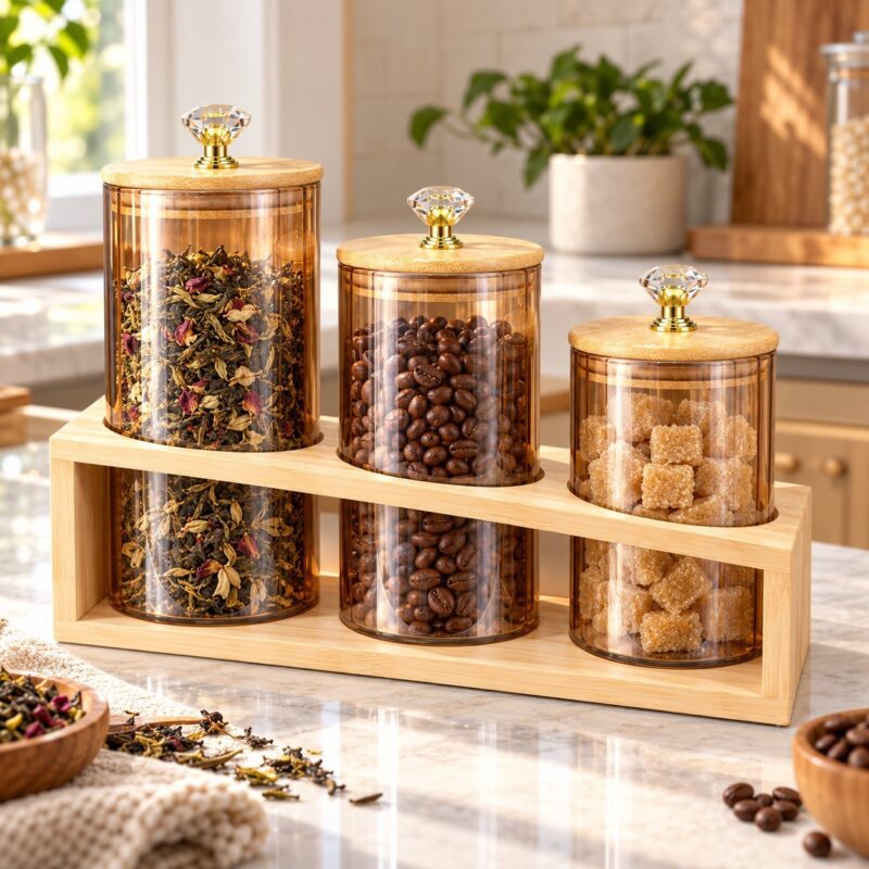 Glass Storage Jars - Set of 3 glass  Storage Jars with Wooden Stand – Airtight Food Containers with Wooden Lids & Diamond Handles (view 2)