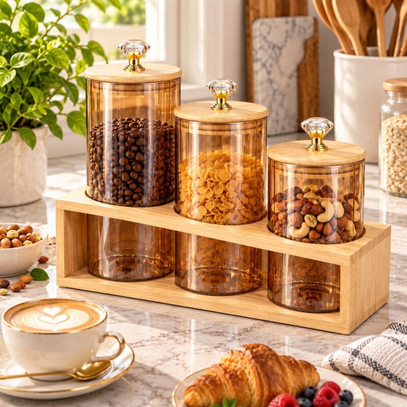 Glass Storage Jars - Set of 3 glass  Storage Jars with Wooden Stand – Airtight Food Containers with Wooden Lids & Diamond Handles (view 3)