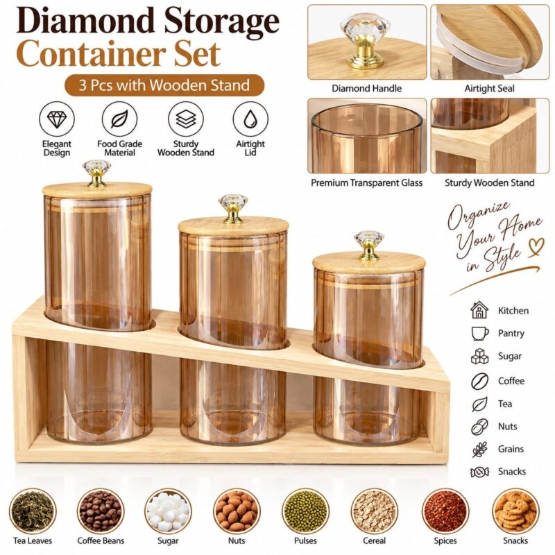 Glass Storage Jars - Set of 3 glass  Storage Jars with Wooden Stand – Airtight Food Containers with Wooden Lids & Diamond Handles