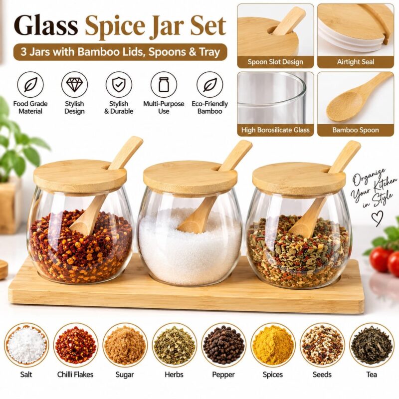 Glass Spice Jars - Set of 3 glass  Spice Jars with Bamboo Lids, Spoons & Wooden Tray – Kitchen Seasoning Storage Containers (view 4)