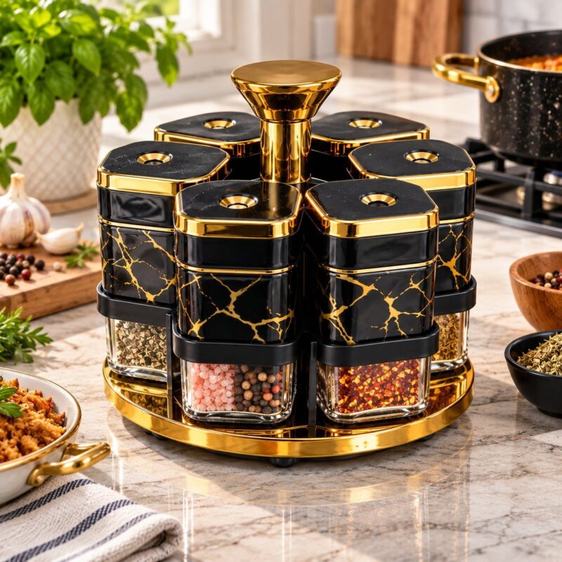 Set of 6 Spice Jars - Set of 6 Spice Jars with 360° Rotating Tray | Black Marble & Gold (view 2)