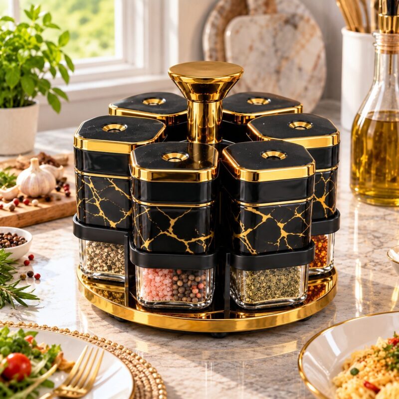 Set of 6 Spice Jars - Set of 6 Spice Jars with 360° Rotating Tray | Black Marble & Gold (view 3)