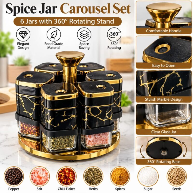 Set of 6 Spice Jars - Set of 6 Spice Jars with 360° Rotating Tray | Black Marble & Gold (view 4)